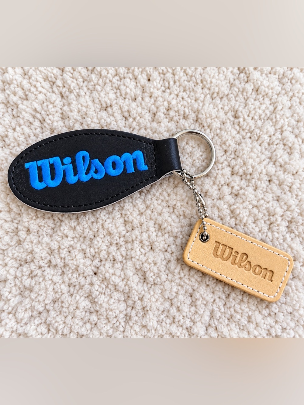 Wilson Black & Tan Leather Key and Tag Set with Blue Script